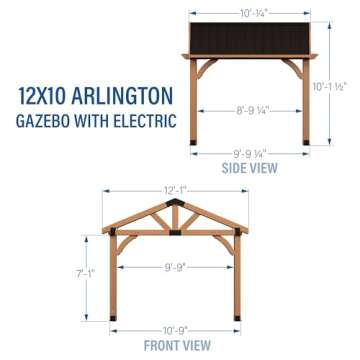 Backyard Discovery Arlington 12' x 10' Cedar Wood Outdoor Gazebo Pavilion with Hardtop Galvanized Steel Peak Roof, Snow Support, Wind Resistance, PowerPort, Shade for Garden, Patio, Deck, Entertaining