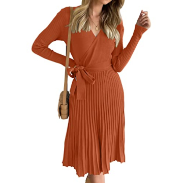 ZESICA Women's Fall Long Sleeve Wrap V Neck Ribbed Knit Pleated A Line Dress