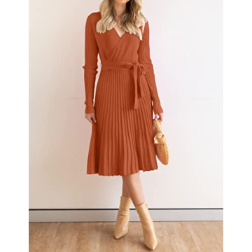 ZESICA Fall Long Sleeve V Neck A Line Pullover Dress