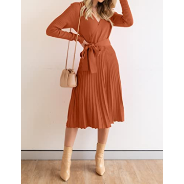 ZESICA Fall Long Sleeve V Neck A Line Pullover Dress