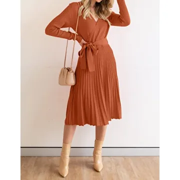 ZESICA Fall Long Sleeve V Neck A Line Pullover Dress