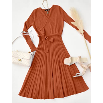 ZESICA Fall Long Sleeve V Neck A Line Pullover Dress