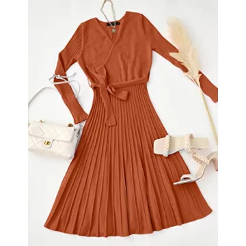 ZESICA Fall Long Sleeve V Neck A Line Pullover Dress