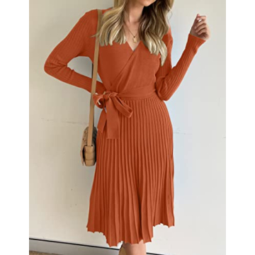 ZESICA Fall Long Sleeve V Neck A Line Pullover Dress