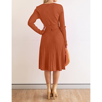 ZESICA Fall Long Sleeve V Neck A Line Pullover Dress