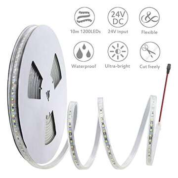 ALITOVE 24V LED Strip Lights Waterproof 32.8ft 1200 LEDs 2835 SMD Cool White 6000K Ultra Bright Outdoor LED Flexible Ribbon for Kitchen Garden Under-Cabinet Backyard(No Power Supply & Adhesive)