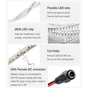 ALITOVE 24V LED Strip Lights Waterproof 32.8ft 1200 LEDs 2835 SMD Cool White 6000K Ultra Bright Outdoor LED Flexible Ribbon for Kitchen Garden Under-Cabinet Backyard(No Power Supply & Adhesive)