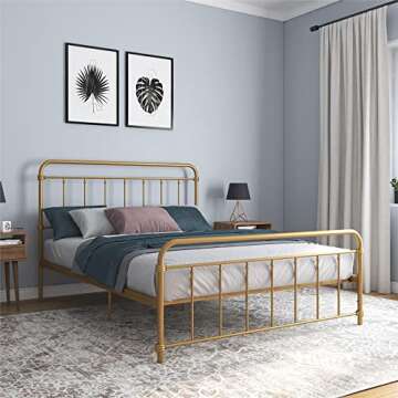 DHP Winston Metal Platform Bed with Rustic Design and Curved Edge Headboard and Footboard, Adjustable Base Height for Underbed Storage, No Box Spring Needed, Queen, Gold