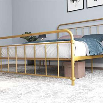 DHP Winston Metal Platform Bed with Rustic Design and Curved Edge Headboard and Footboard, Adjustable Base Height for Underbed Storage, No Box Spring Needed, Queen, Gold