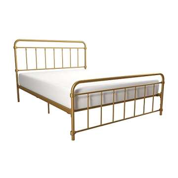 DHP Winston Metal Platform Bed with Rustic Design and Curved Edge Headboard and Footboard, Adjustable Base Height for Underbed Storage, No Box Spring Needed, Queen, Gold