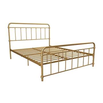 DHP Winston Metal Platform Bed with Rustic Design and Curved Edge Headboard and Footboard, Adjustable Base Height for Underbed Storage, No Box Spring Needed, Queen, Gold
