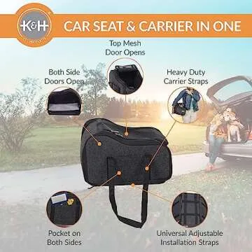 K&H Pet Products Center Console Dog Car Seat for Small Dogs & Cats, Secure Armrest Booster Pet Carrier with Safety Tether, Zippered Enclosure, 2 Pockets, Washable Plush Pad, for Pets Under 12 lbs.