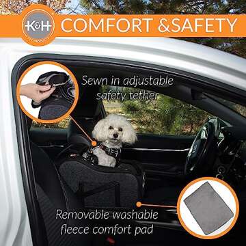 K&H Pet Products Center Console Dog Car Seat for Small Dogs & Cats, Secure Armrest Booster Pet Carrier with Safety Tether, Zippered Enclosure, 2 Pockets, Washable Plush Pad, for Pets Under 12 lbs.