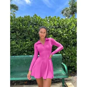 OQQ Womens Dress Casual Long Sleeve Elastic Simple A-Line Zipper Mini Dress Rose
