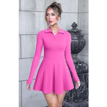 OQQ Womens Dress Casual Long Sleeve Elastic Simple A-Line Zipper Mini Dress Rose
