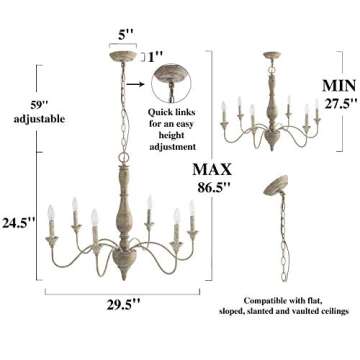 LNC French Country Chandeliers Wood 6 Lights Rust Arms for Dining, Bedroom, Living Room and Bathroom, Brown Lamp Body Size:D29.5 xH24.5