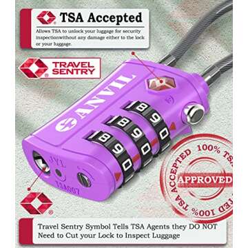 ANVIL TSA Approved Luggage Locks - Re-settable 3-Digit Combination Cable Lock with Alloy Body, Keyle...