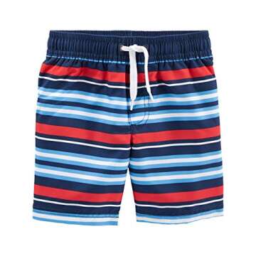 Simple Joys by Carter's Boys' Swimsuit Trunk and Rashguard Set, Navy Shark/Red Stripe, 3T