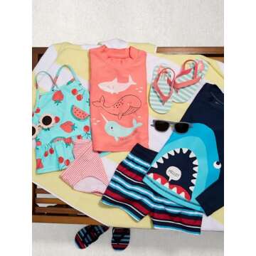 Simple Joys by Carter's Boys' Swimsuit Trunk and Rashguard Set, Navy Shark/Red Stripe, 3T