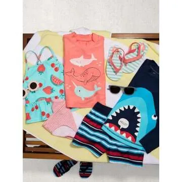 Simple Joys by Carter's Boys' Swimsuit Trunk and Rashguard Set, Navy Shark/Red Stripe, 3T