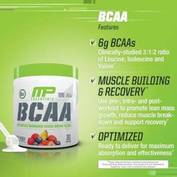 MusclePharm Essentials BCAA Powder, Pre & Post Workout Recovery Drink, Supports Muscle Recovery & Energy, Essential Amino Acids, 30 Serv, Fruit Punch
