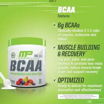 MusclePharm Essentials BCAA Powder, Pre & Post Workout Recovery Drink, Supports Muscle Recovery & Energy, Essential Amino Acids, 30 Serv, Fruit Punch