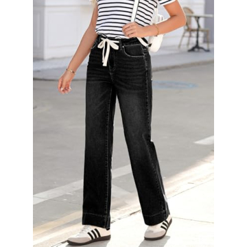 Sidefeel Women's High Waisted Drawstring Wide Leg Denim Jeans