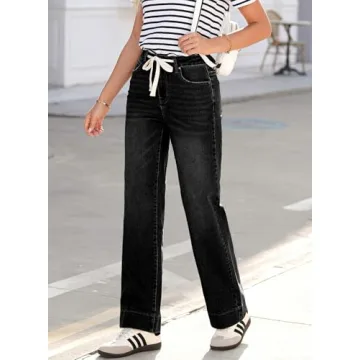 Sidefeel Women's High Waisted Drawstring Wide Leg Denim Jeans