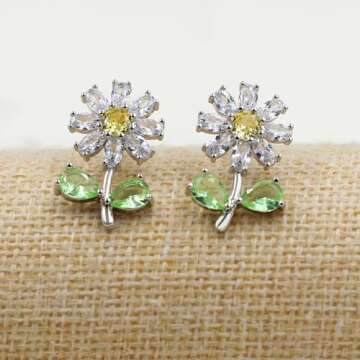 Tobestu Cute Green Cubic Zirconia Daisy Flower Stud Earrings, Ideal Gift for Daughters, Sisters, and Friends On Various Festivals YA4812