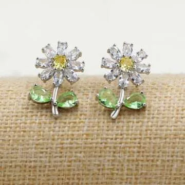 Tobestu Cute Green Cubic Zirconia Daisy Flower Stud Earrings, Ideal Gift for Daughters, Sisters, and Friends On Various Festivals YA4812