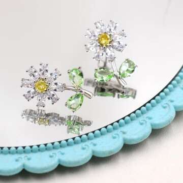Tobestu Cute Green Cubic Zirconia Daisy Flower Stud Earrings, Ideal Gift for Daughters, Sisters, and Friends On Various Festivals YA4812