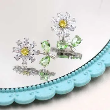 Tobestu Cute Green Cubic Zirconia Daisy Flower Stud Earrings, Ideal Gift for Daughters, Sisters, and Friends On Various Festivals YA4812
