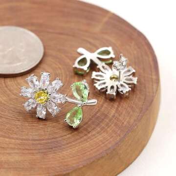 Tobestu Cute Green Cubic Zirconia Daisy Flower Stud Earrings, Ideal Gift for Daughters, Sisters, and Friends On Various Festivals YA4812