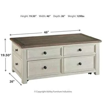 Signature Design by Ashley Bolanburg Farmhouse Lift Top Coffee Table with Drawers, Antique Cream & Brown