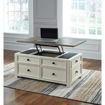 Signature Design by Ashley Bolanburg Farmhouse Lift Top Coffee Table with Drawers, Antique Cream & Brown