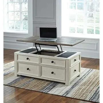 Signature Design by Ashley Bolanburg Farmhouse Lift Top Coffee Table with Drawers, Antique Cream & Brown
