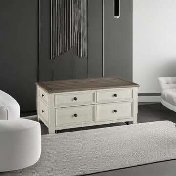 Signature Design by Ashley Bolanburg Farmhouse Lift Top Coffee Table with Drawers, Antique Cream & Brown