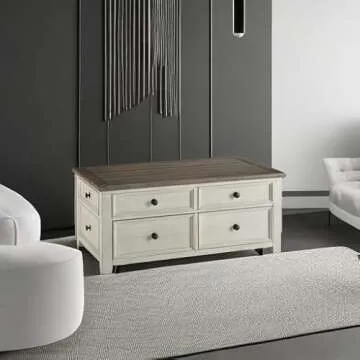 Signature Design by Ashley Bolanburg Farmhouse Lift Top Coffee Table with Drawers, Antique Cream & Brown