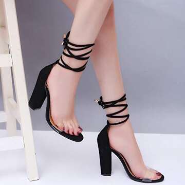 Generic chegong Women's Ankle Strap Lace Up Open Toe Clear Chunky High Heel Sandals Black, 8