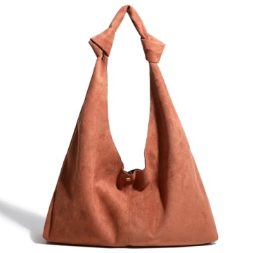 RAVESSIA Women's Suede Slouchy Hobo Tote Knotted Shoulder Bag with Extra Pouch (Brown)