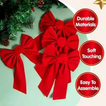 JOYIN 12 Pack Christmas Red Velvet Bows, 13" Long by 9" Wide Decorative Christmas Bows for Wreath Garland Tree Decor, Indoor Outdoor Holiday Decorations