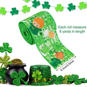 3 Rolls St Patrick's Day Wired Ribbon Shamrock Wired Edge Ribbon 2.5 Inch x 24 Yards Shamrock Plaid ...