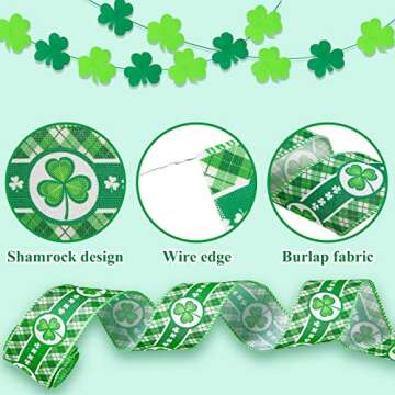 3 Rolls St Patrick's Day Wired Ribbon Shamrock Wired Edge Ribbon 2.5 Inch x 24 Yards Shamrock Plaid Fabric Ribbons for St. Patrick's Day Wrapping Wreath Party Decoration DIY Craft Supplies