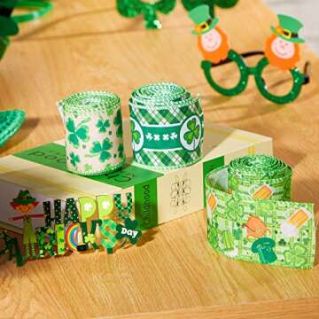 3 Rolls St Patrick's Day Wired Ribbon Shamrock Wired Edge Ribbon 2.5 Inch x 24 Yards Shamrock Plaid Fabric Ribbons for St. Patrick's Day Wrapping Wreath Party Decoration DIY Craft Supplies