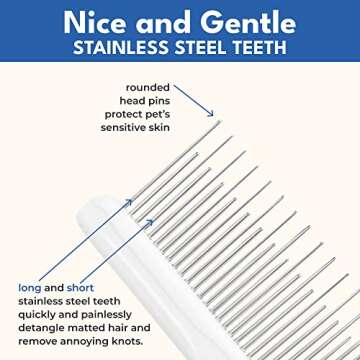 Grooming Comb for Long & Curly Hair in Dogs & Cats - Top Pet Detangler Brush - Removes & Prevents Ma...