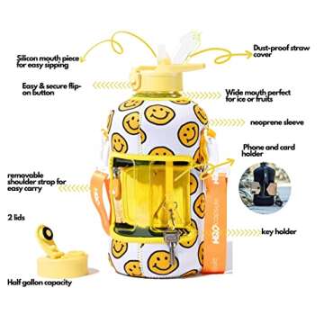 H2O Capsule 2.2L Half Gallon Water Bottle with Storage Sleeve and Covered Straw Lid – BPA Free Lar...