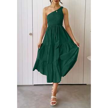 ZESICA Women's 2025 Bohemian Summer Floral Print One Shoulder Sleeveless Smocked Ruffle Tiered Beach Long Midi Dress,SolidDarkGreen,Medium