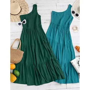 ZESICA Women's 2025 Bohemian Summer Floral Print One Shoulder Sleeveless Smocked Ruffle Tiered Beach Long Midi Dress,SolidDarkGreen,Medium