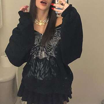 SOLILOQUY Women Zip Up Hoodie Y2k Vintage Graphic Oversized Hooded Sweatshirt Jacket Grunge Fairycore Coats Harajuku Streetwear (H-Black, Large)