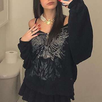 SOLILOQUY Women Zip Up Hoodie Y2k Vintage Graphic Oversized Hooded Sweatshirt Jacket Grunge Fairycore Coats Harajuku Streetwear (H-Black, Large)